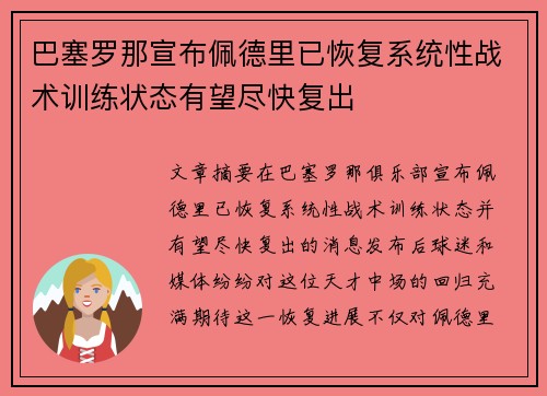 巴塞罗那宣布佩德里已恢复系统性战术训练状态有望尽快复出 巴塞罗那宣布佩德里已恢复系统性战术训练状态有望尽快复出